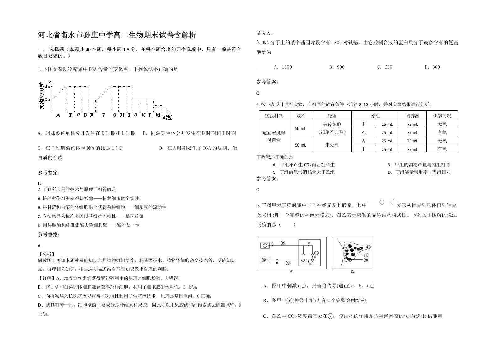 河北省衡水市孙庄中学高二生物期末试卷含解析