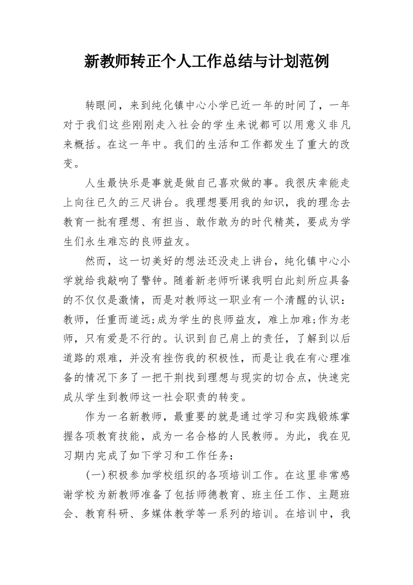 新教师转正个人工作总结与计划范例