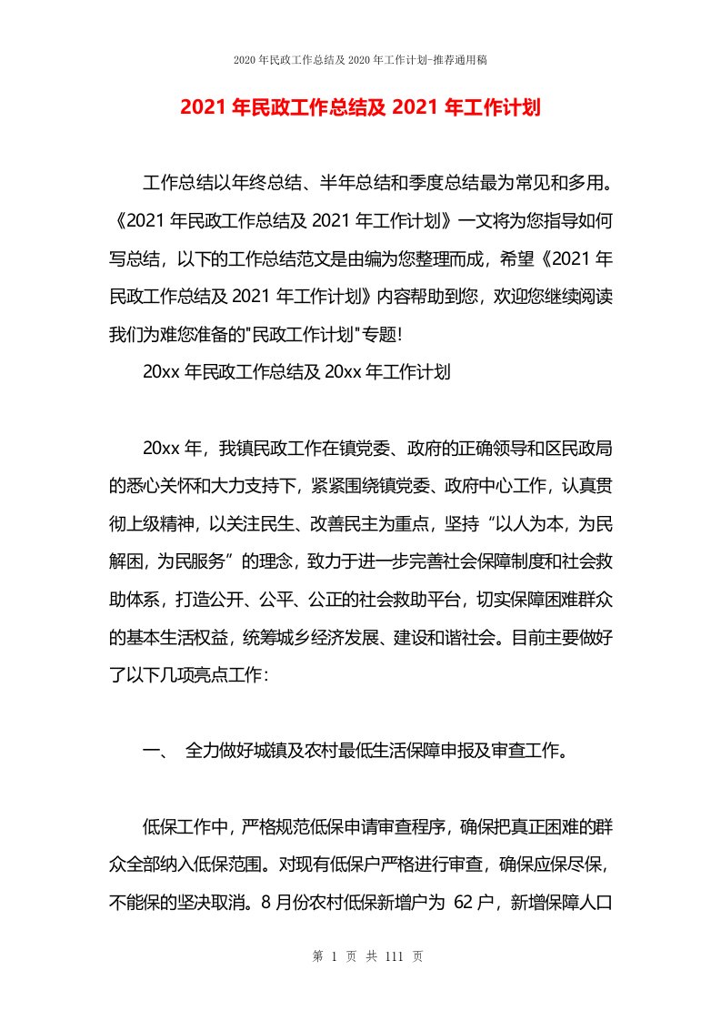 2021年民政工作总结及2021年工作计划