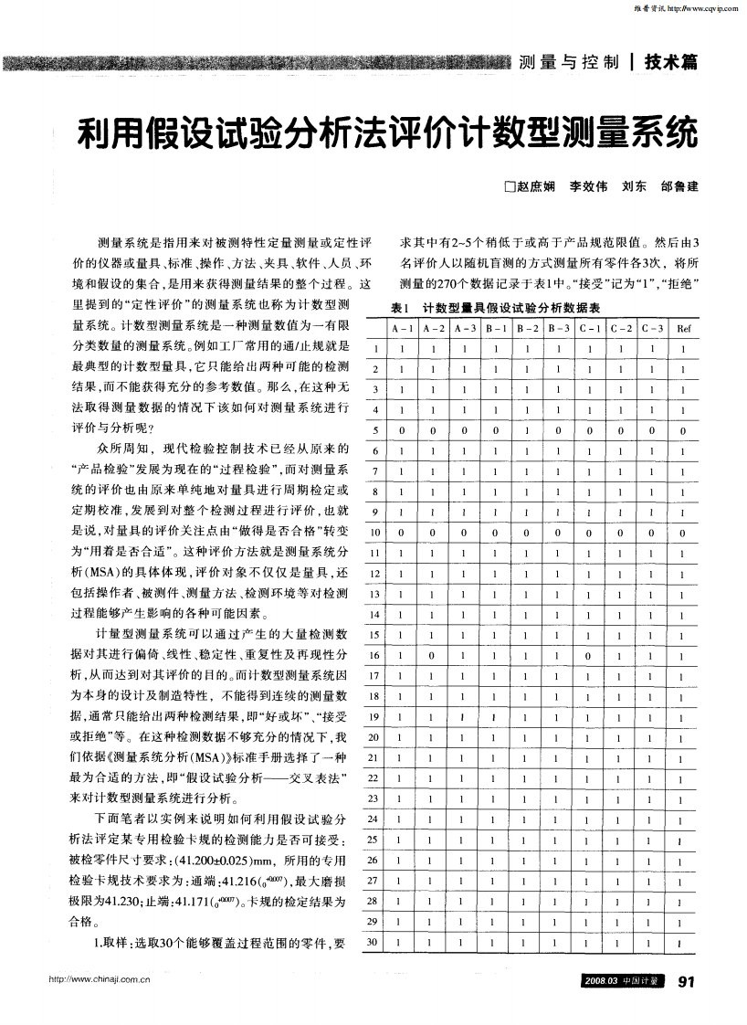 利用假设试验分析法评价计数型测量系统.pdf