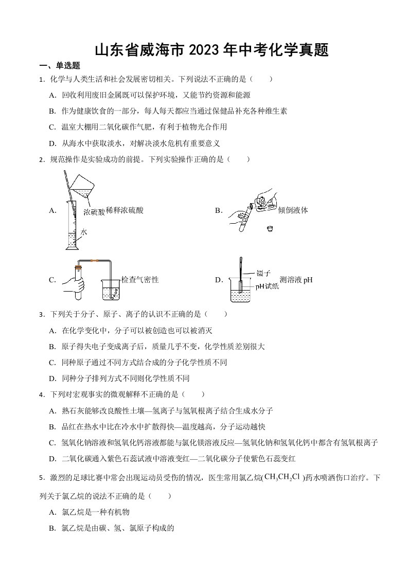 山东省威海市2023年中考化学真题(附答案)