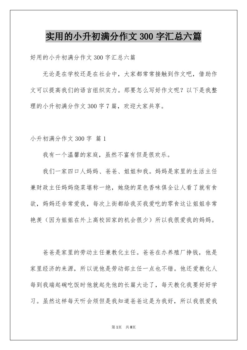 实用的小升初满分作文300字汇总六篇