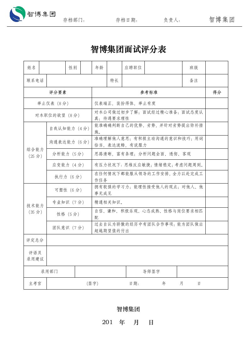 面试评分表