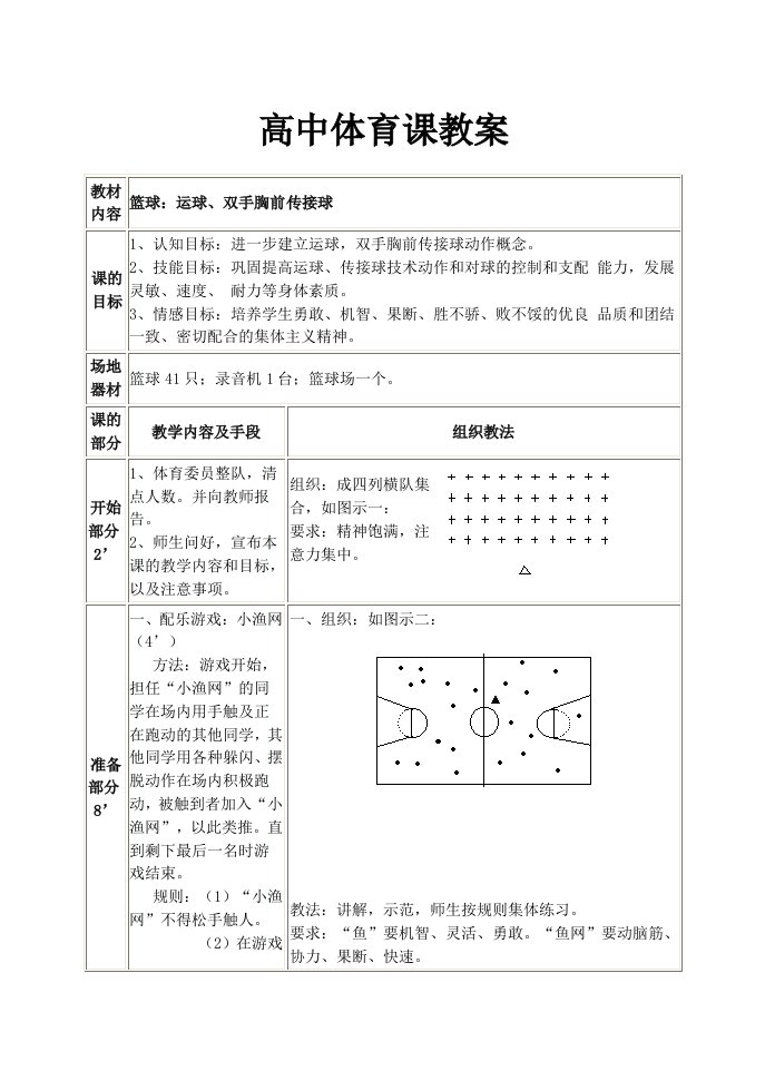 高中体育课教案-篮球：运球、双手胸前传接球