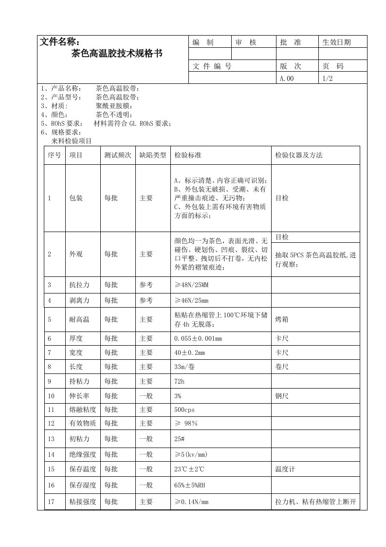 茶色高温胶技术规格书