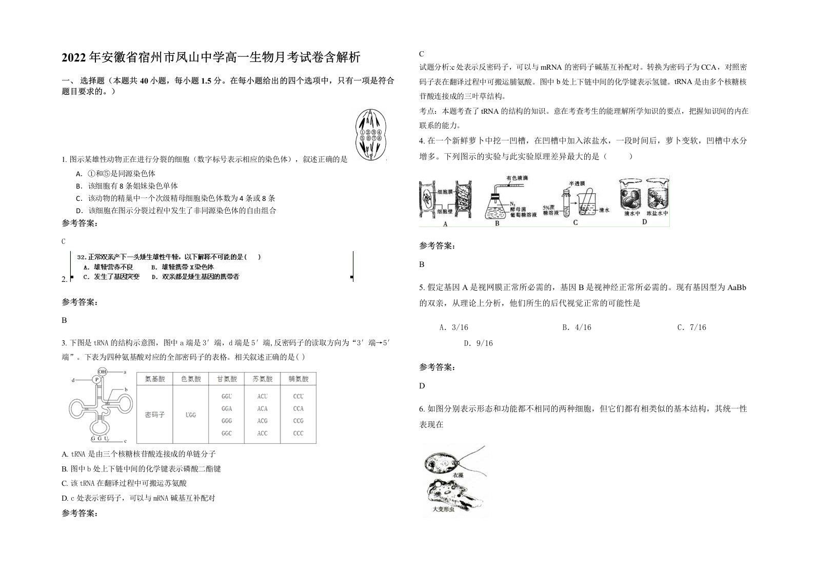 2022年安徽省宿州市凤山中学高一生物月考试卷含解析