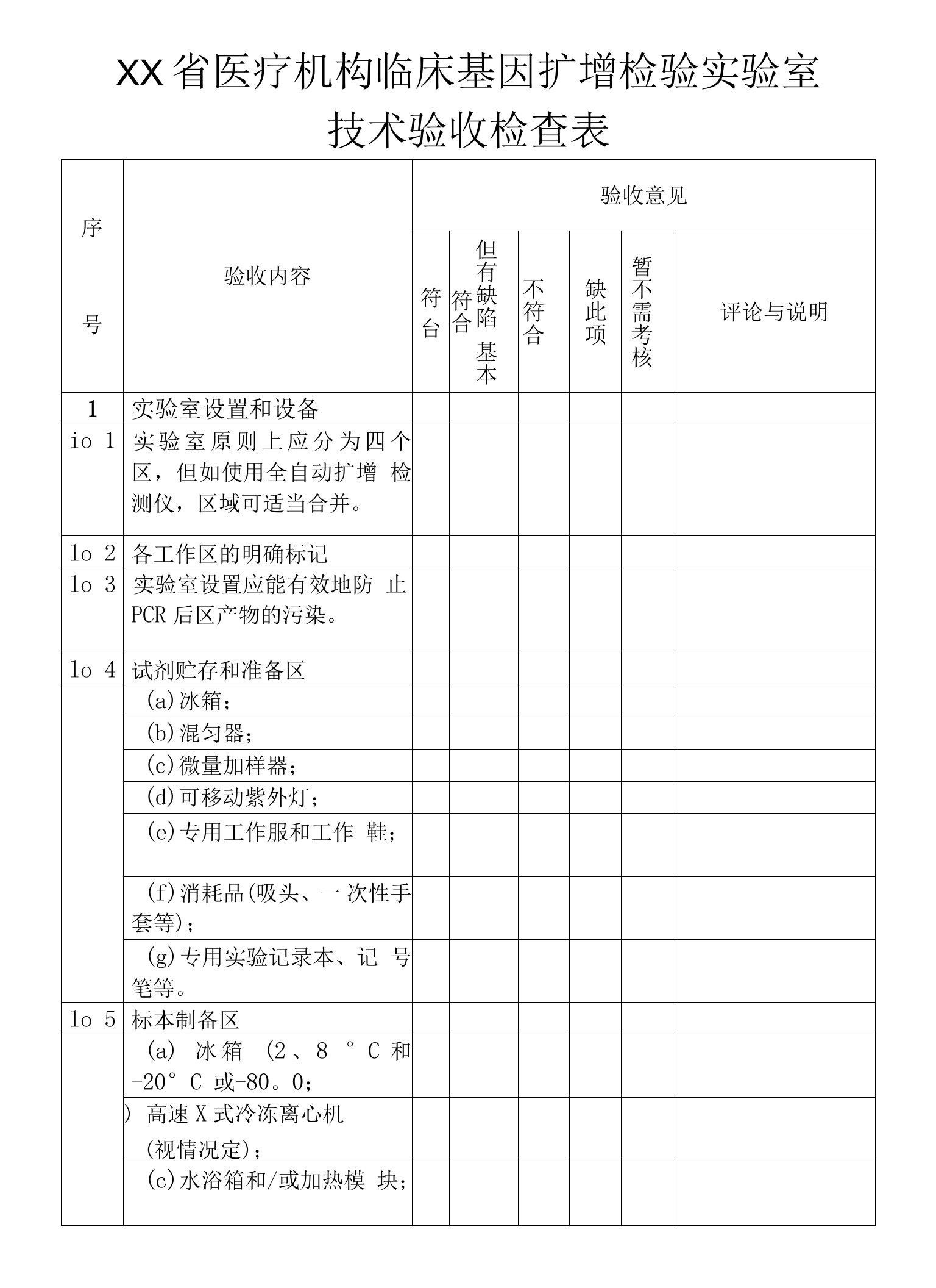 医疗机构临床基因扩增检验实验室技术验收检查表