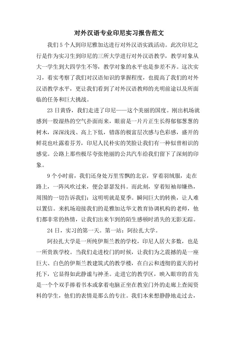 对外汉语专业印尼实习报告范文