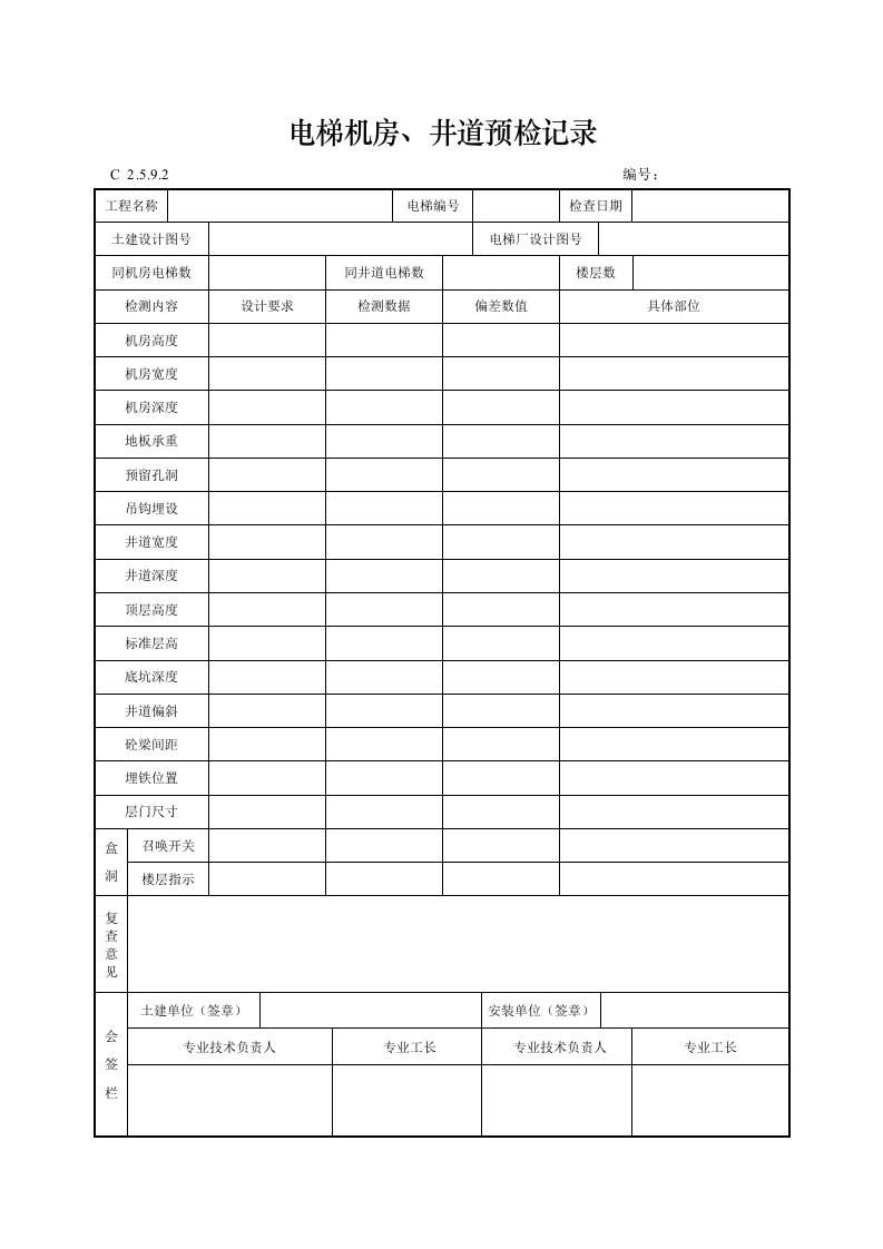 电梯机房、井道预检记录