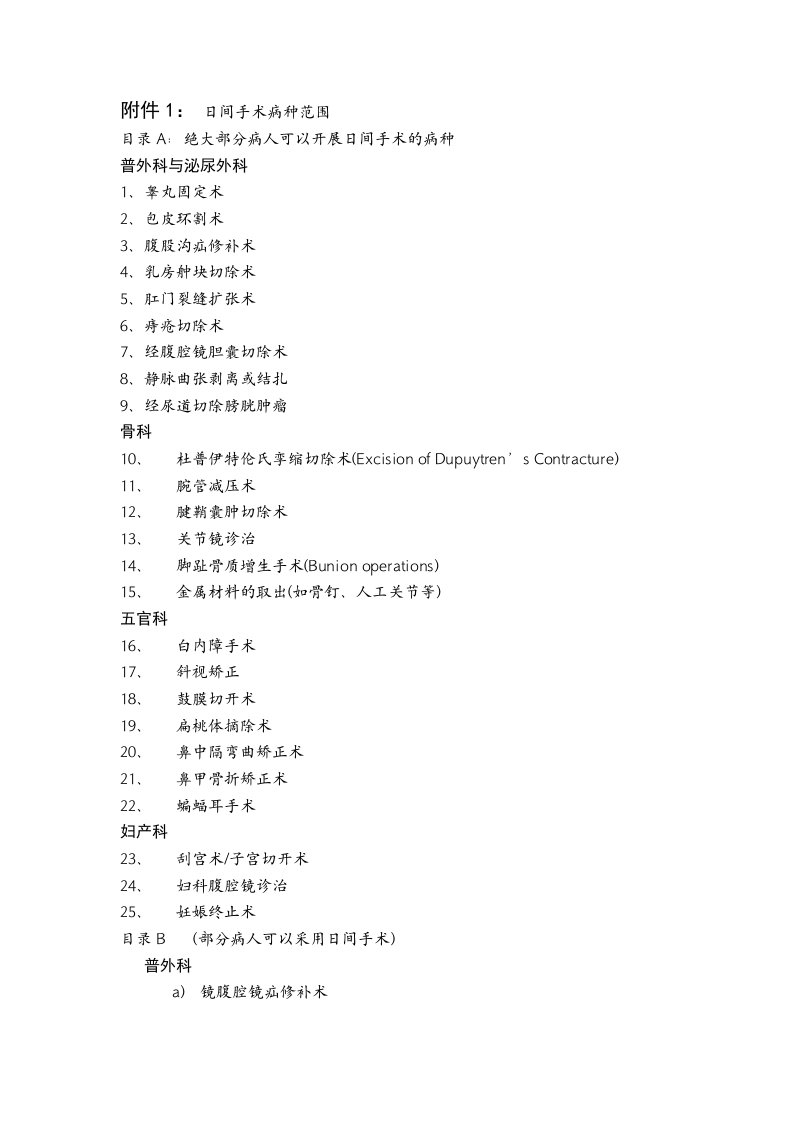 日间手术病种范围