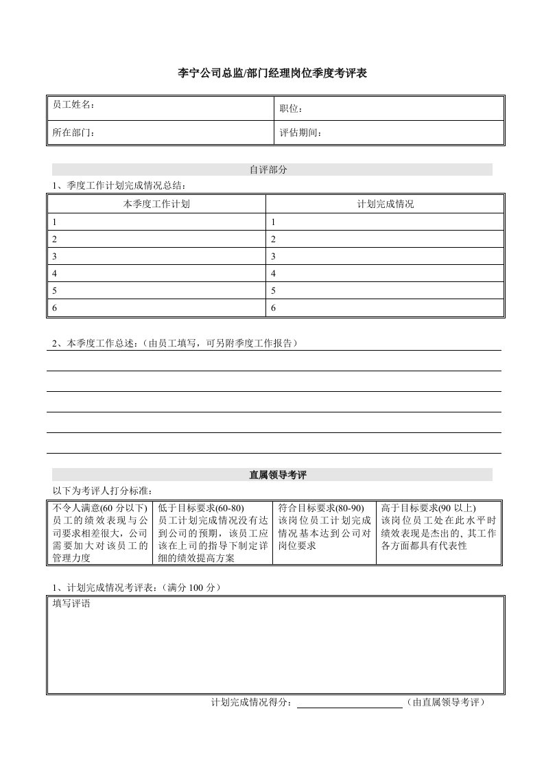 39_李宁体育用品公司绩效考核表全套(DOC24页)（DOC20页）