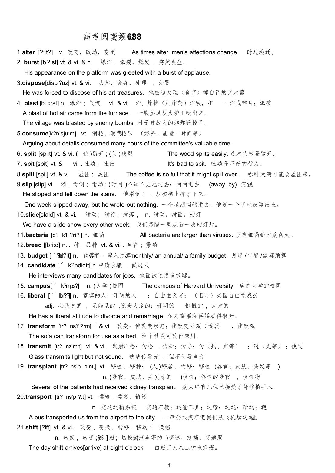 高考阅读高频词汇688个(含精选例句)