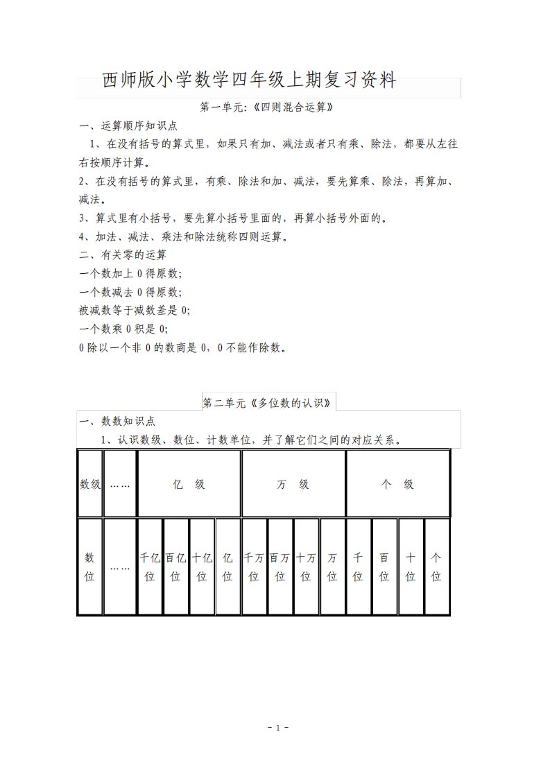 西师版小学数学四年级上册期末复习资料