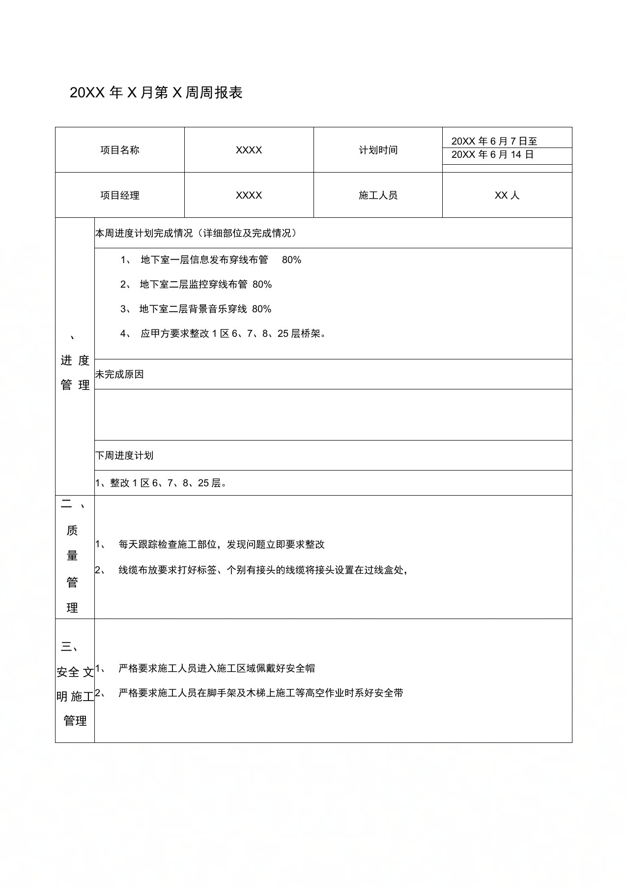 弱电施工周报模版