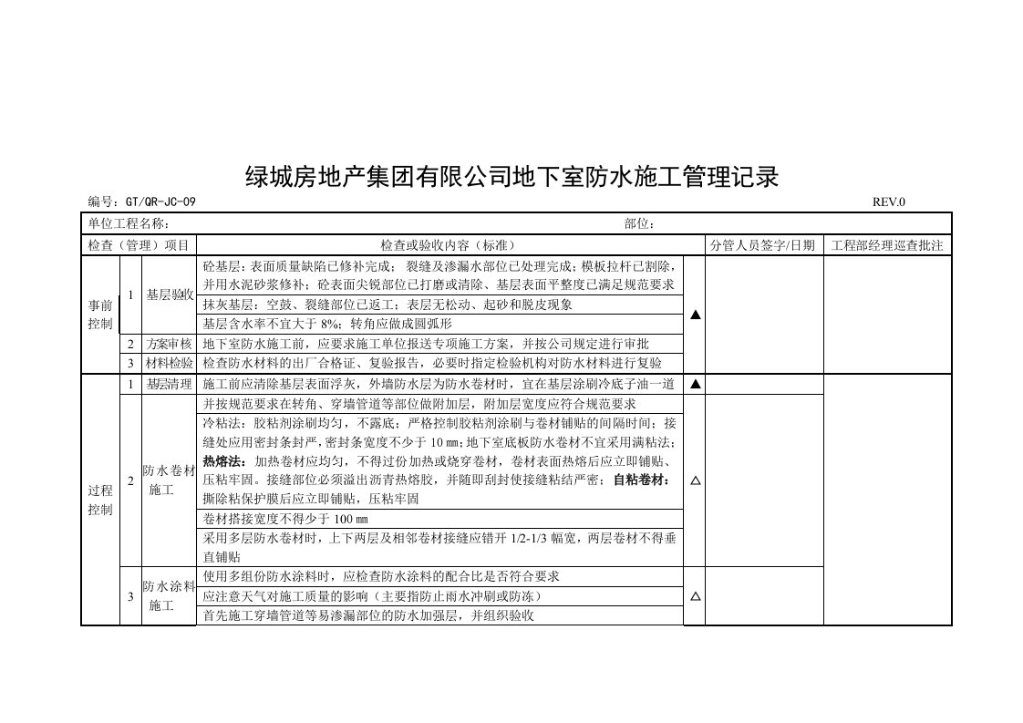 地下室外墙防水施工管理记录