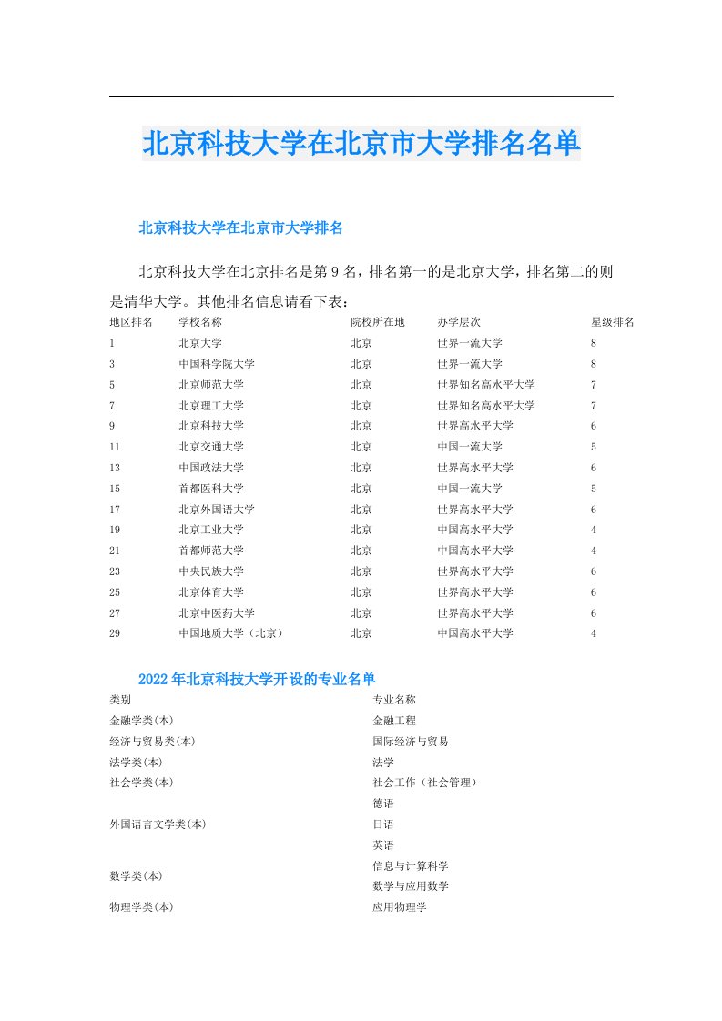 北京科技大学在北京市大学排名名单