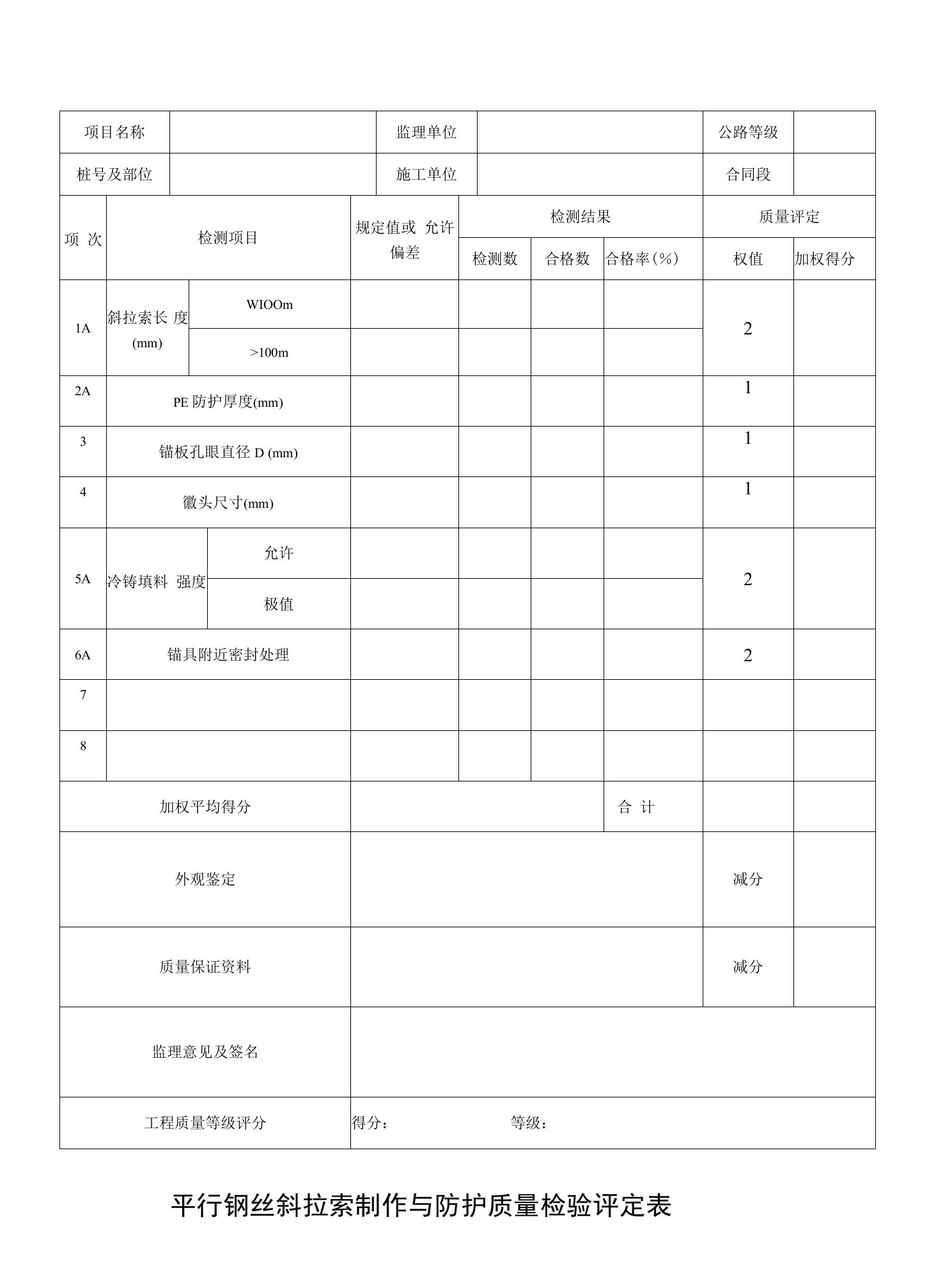 平行钢丝斜拉索制作与防护质量检验评定表