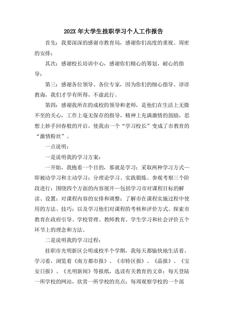 大学生挂职学习个人工作报告