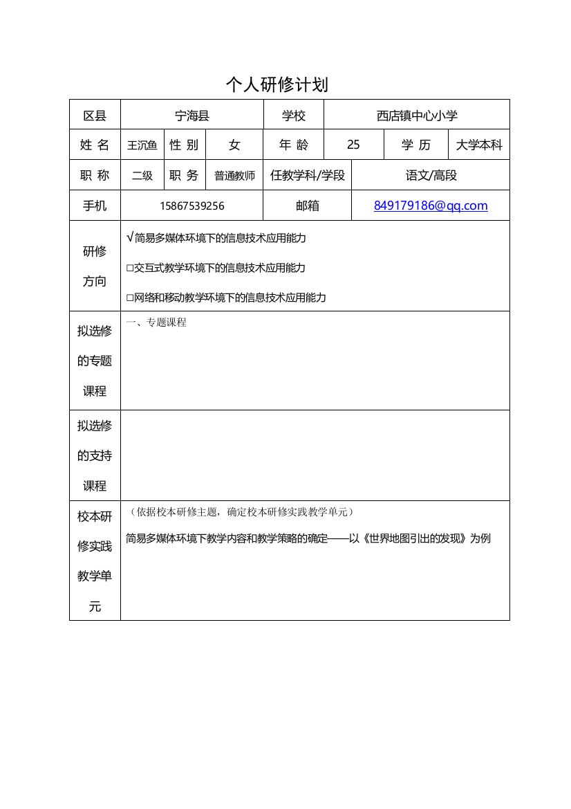 个人研修计划王沉鱼