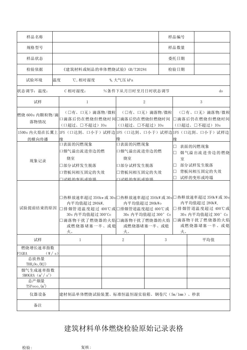 建筑材料单体燃烧检验原始记录表格