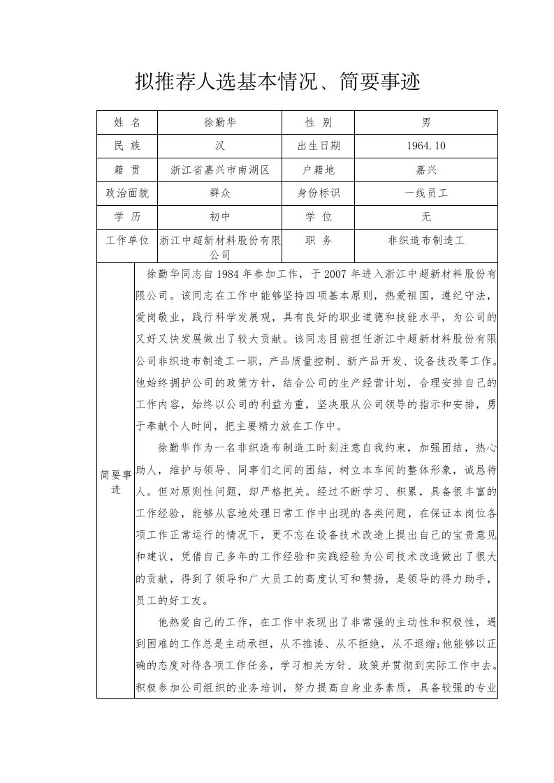 拟推荐人选基本情况、简要事迹