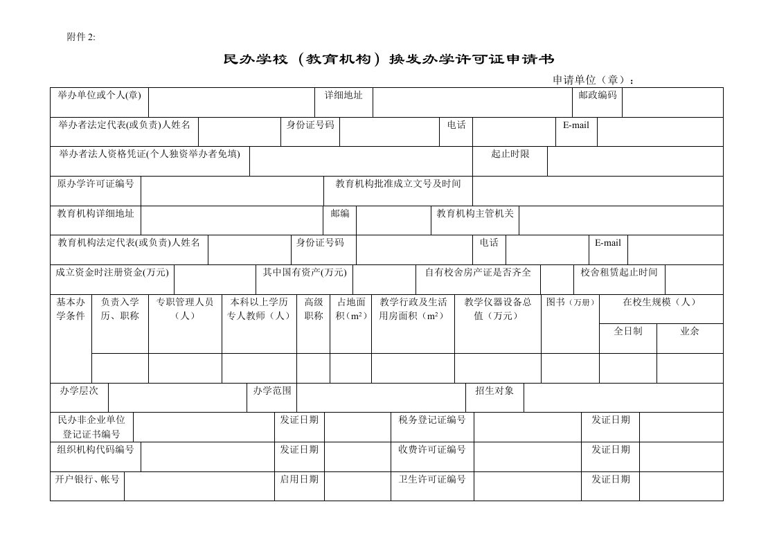 民办学校(教育机构)换发办学许可证申请书