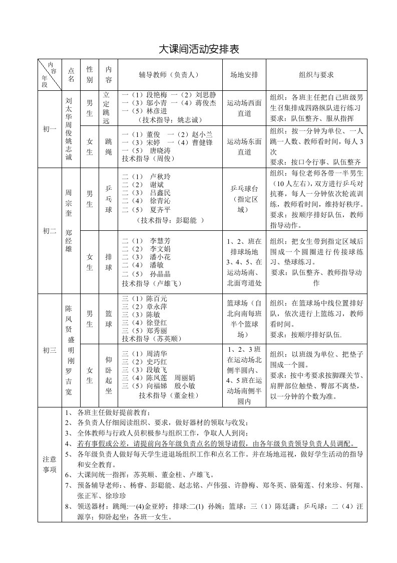 初中体育大课间活动安排表