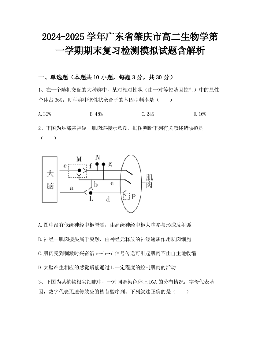 2024-2025学年广东省肇庆市高二生物学第一学期期末复习检测模拟试题含解析