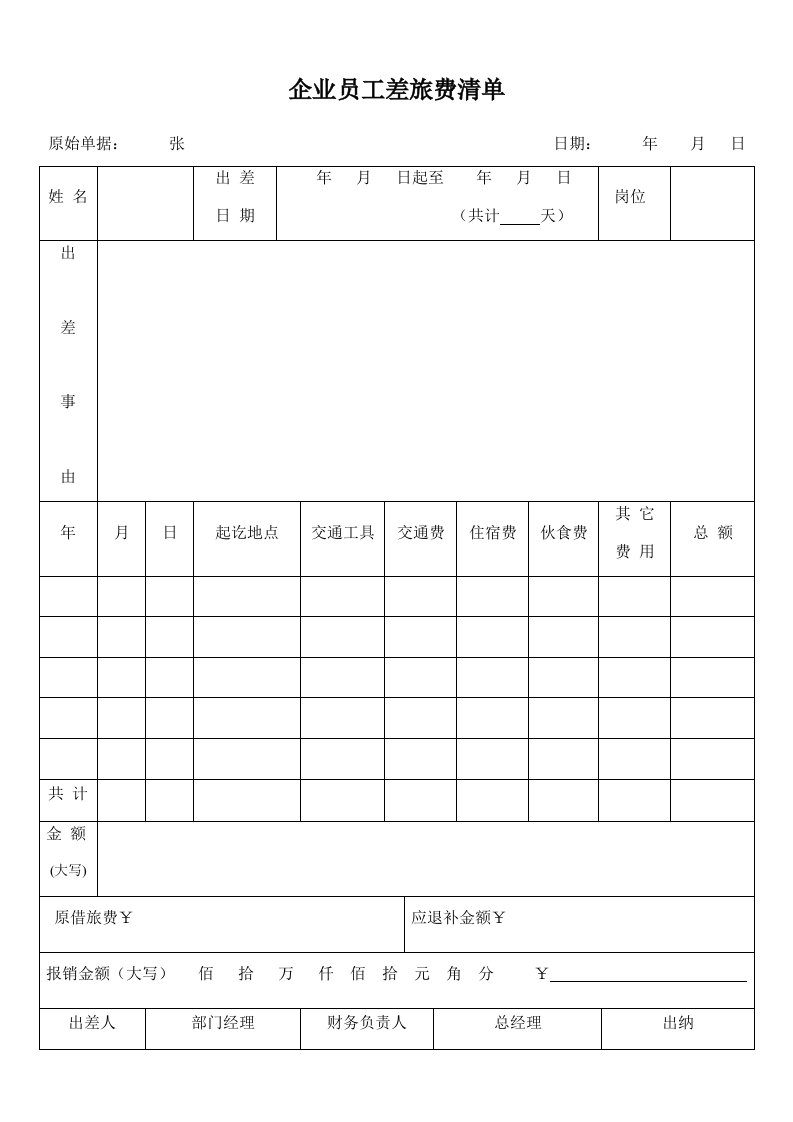 精品文档-企业员工差旅费清单