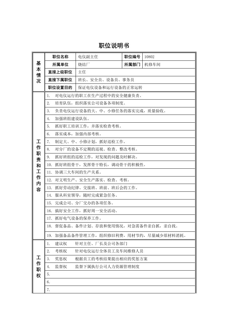 烧结厂机修电仪副主任岗位说明书