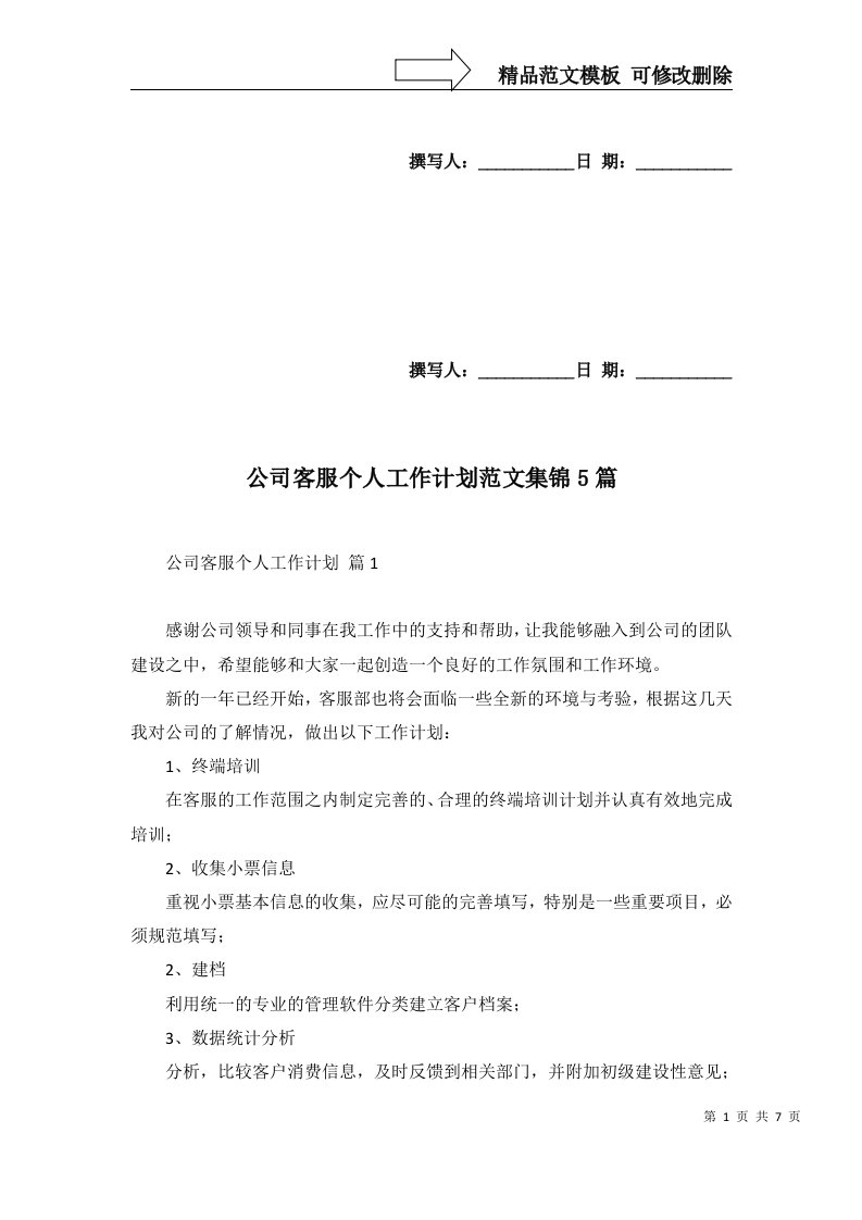 公司客服个人工作计划范文集锦5篇