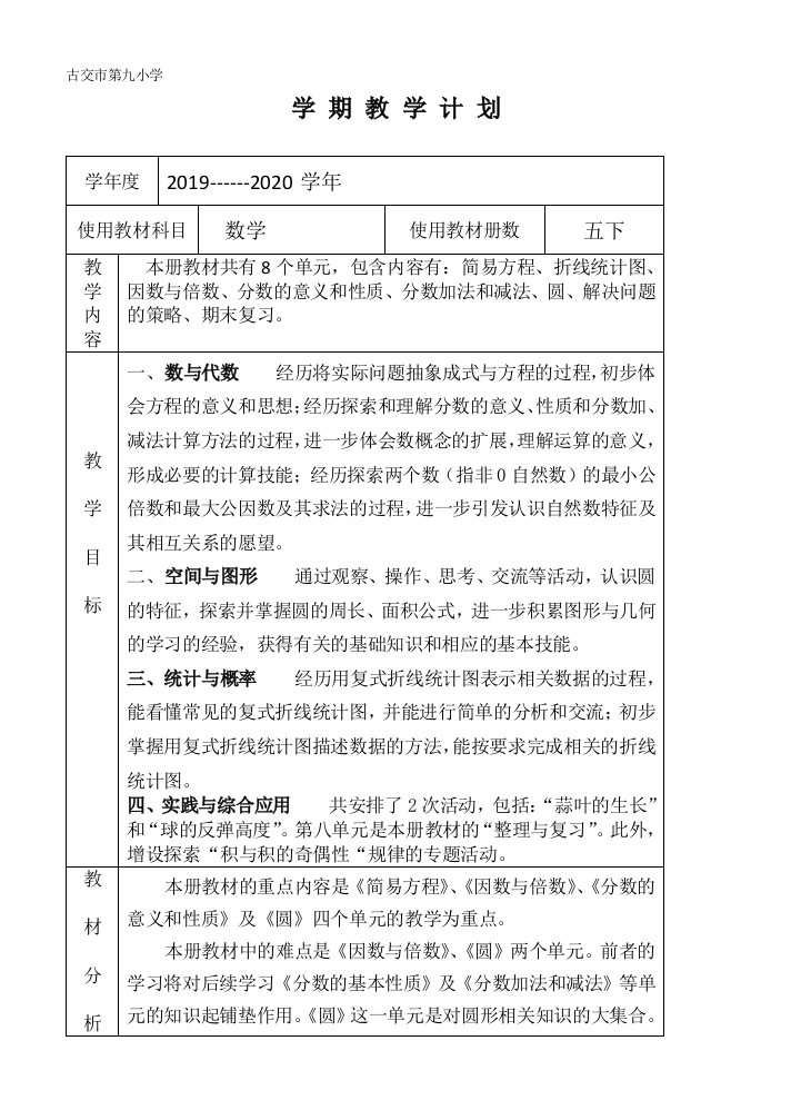 2020年五年级下苏教版数学学期教学计划