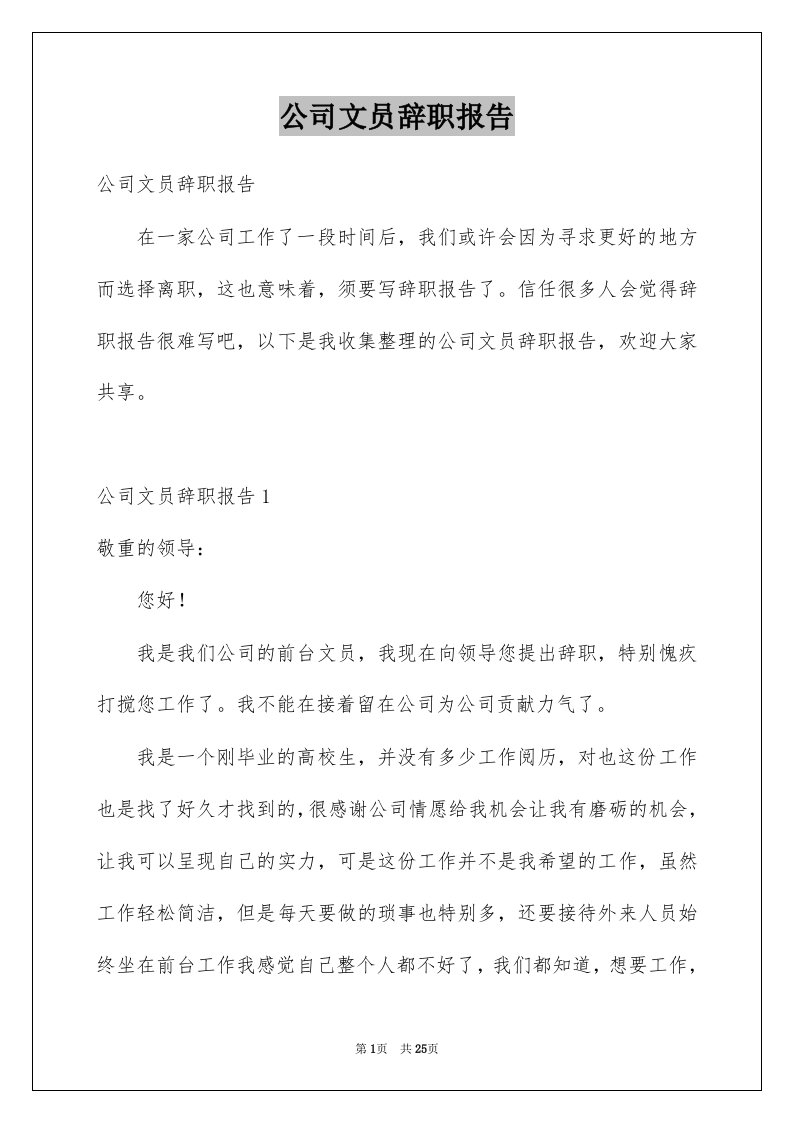 公司文员辞职报告例文1