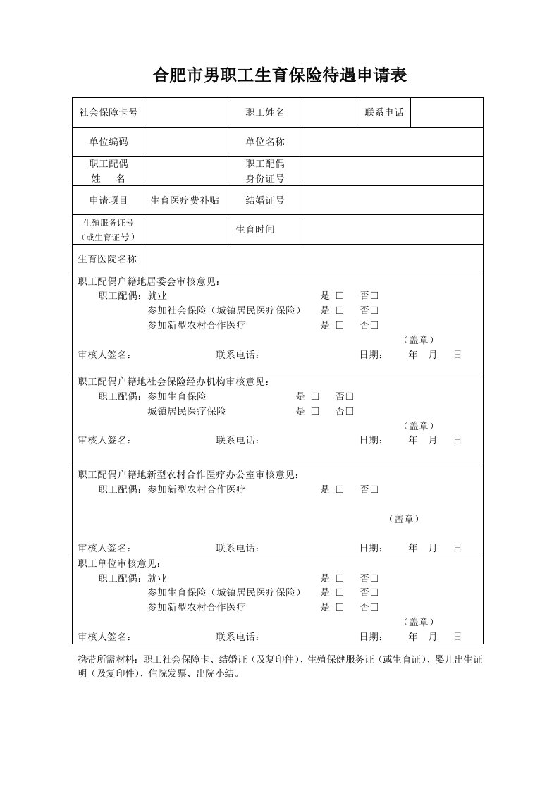 合肥市男职工生育保险待遇申请表