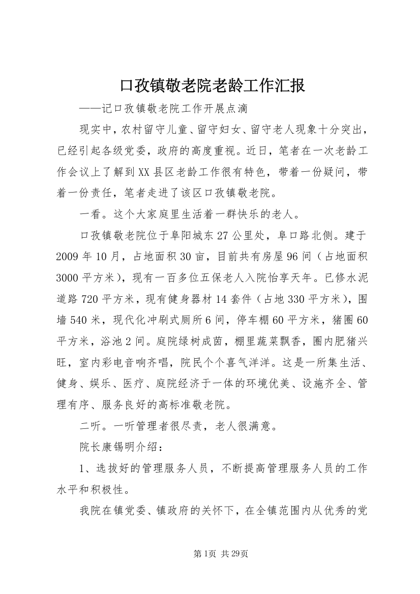 口孜镇敬老院老龄工作汇报