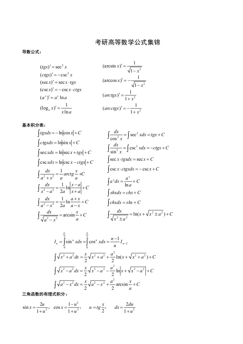 考研高等数学公式集锦