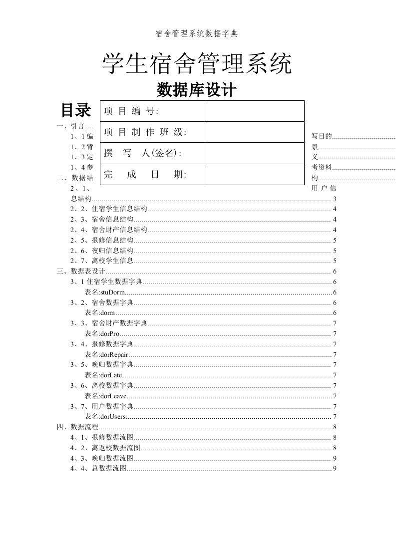 宿舍管理系统数据字典