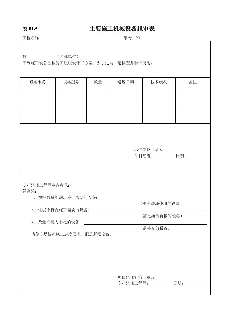 主要施工机械设备报审表