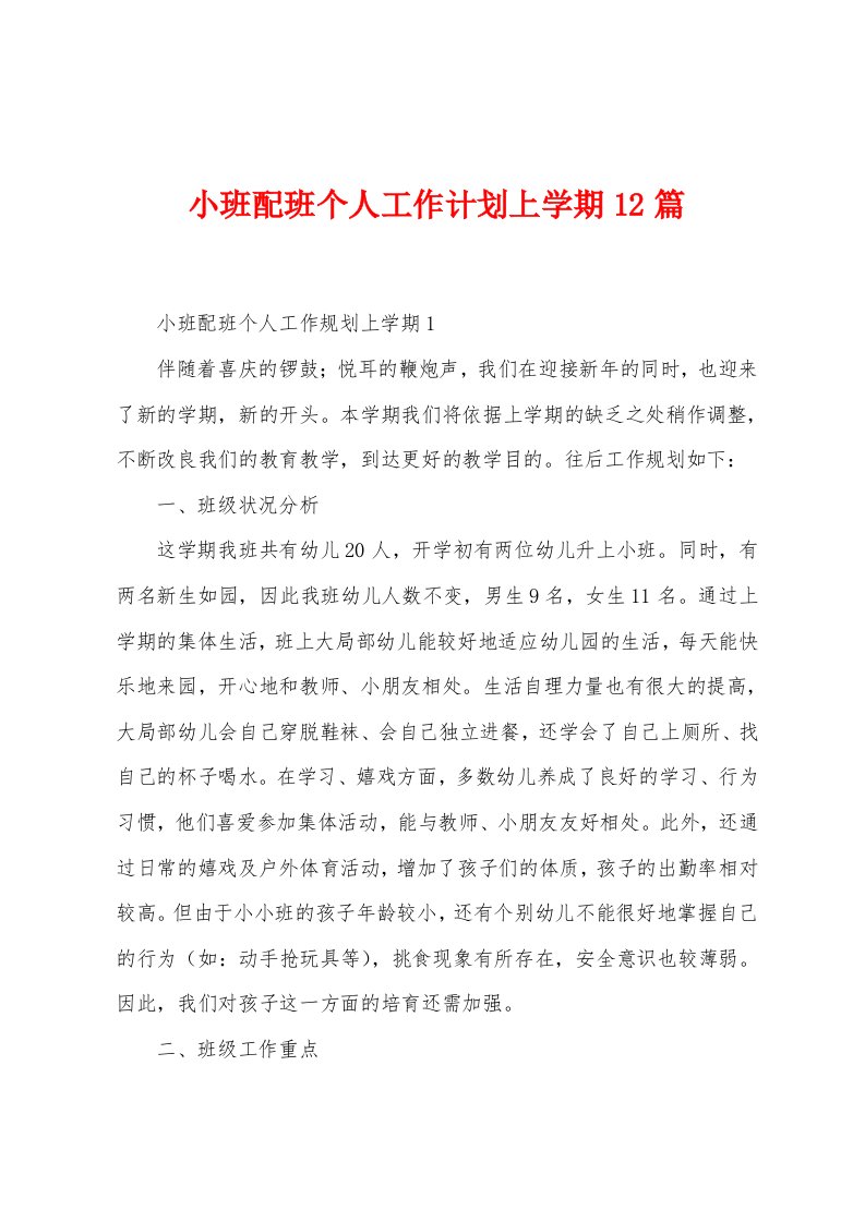 小班配班个人工作计划上学期12篇