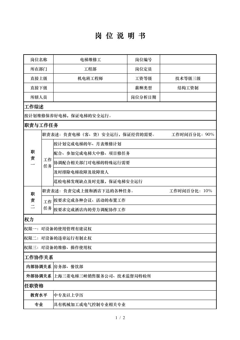 工程部电梯维修工岗位说明书