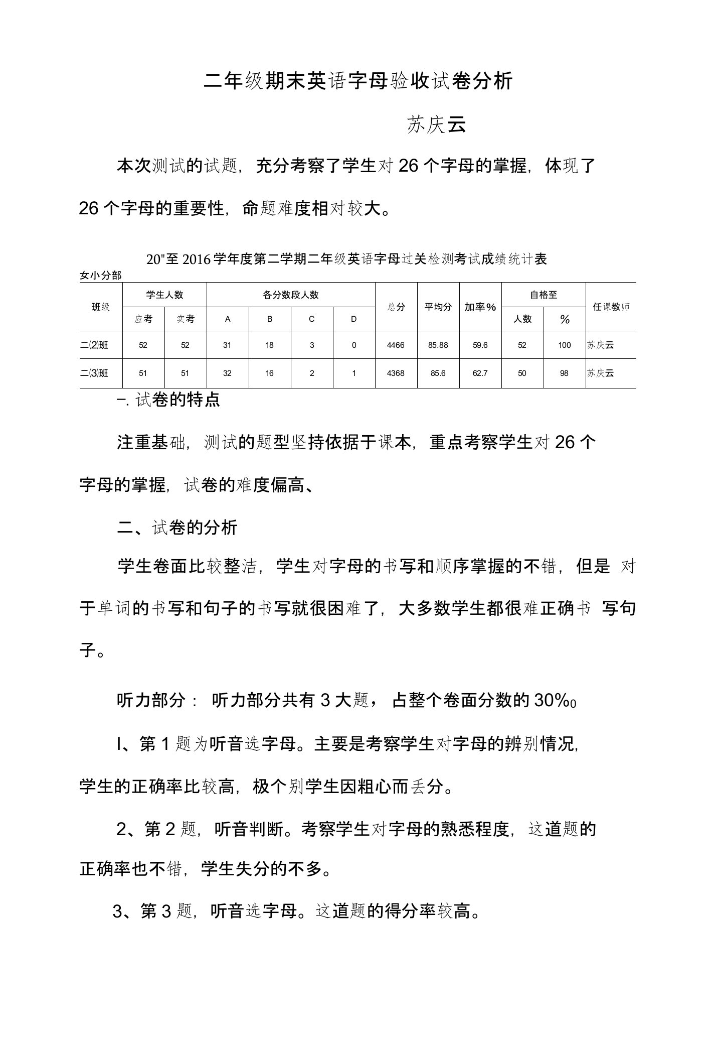 二年级期末英语字母验收试卷分析