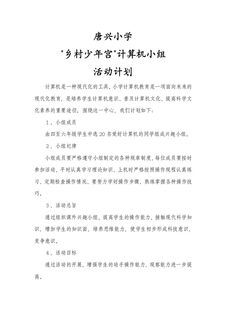 唐兴小学乡村少年宫计算机小组活动计划