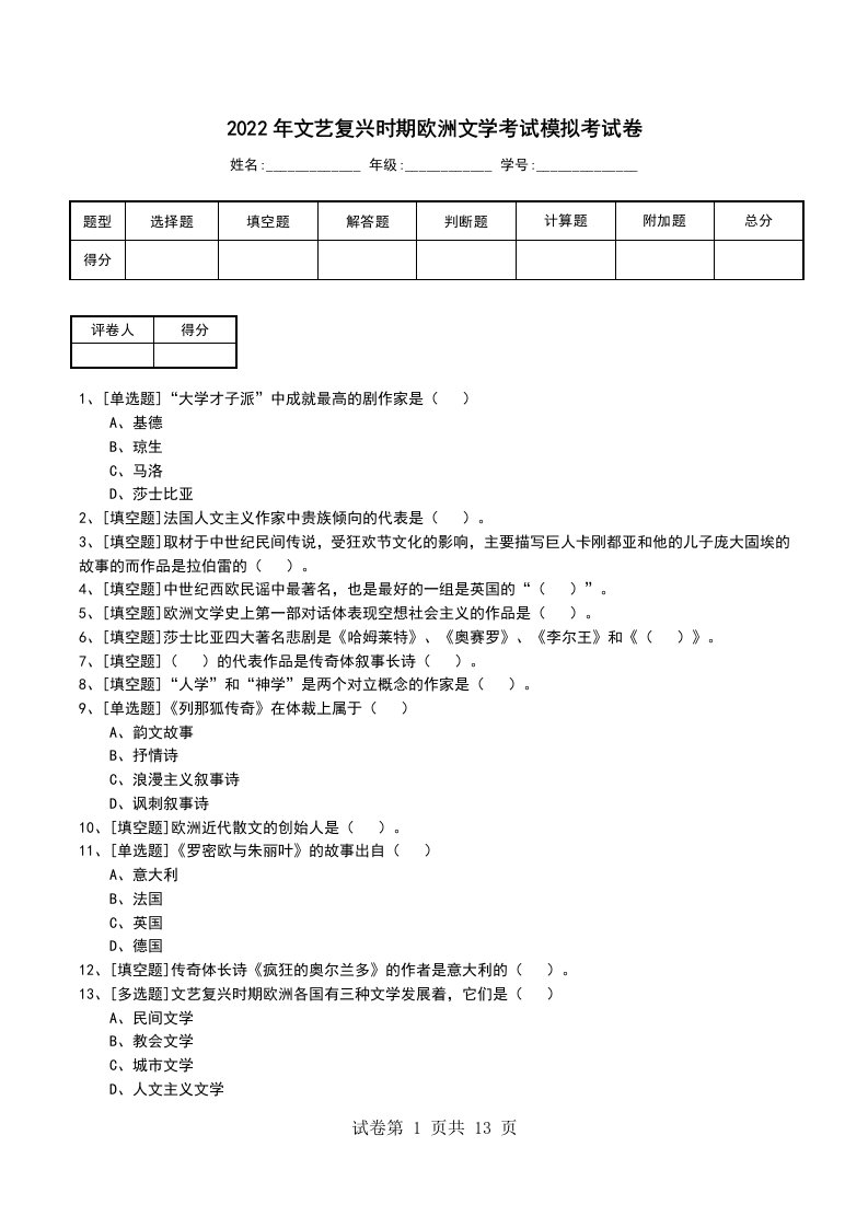 2022年文艺复兴时期欧洲文学考试模拟考试卷