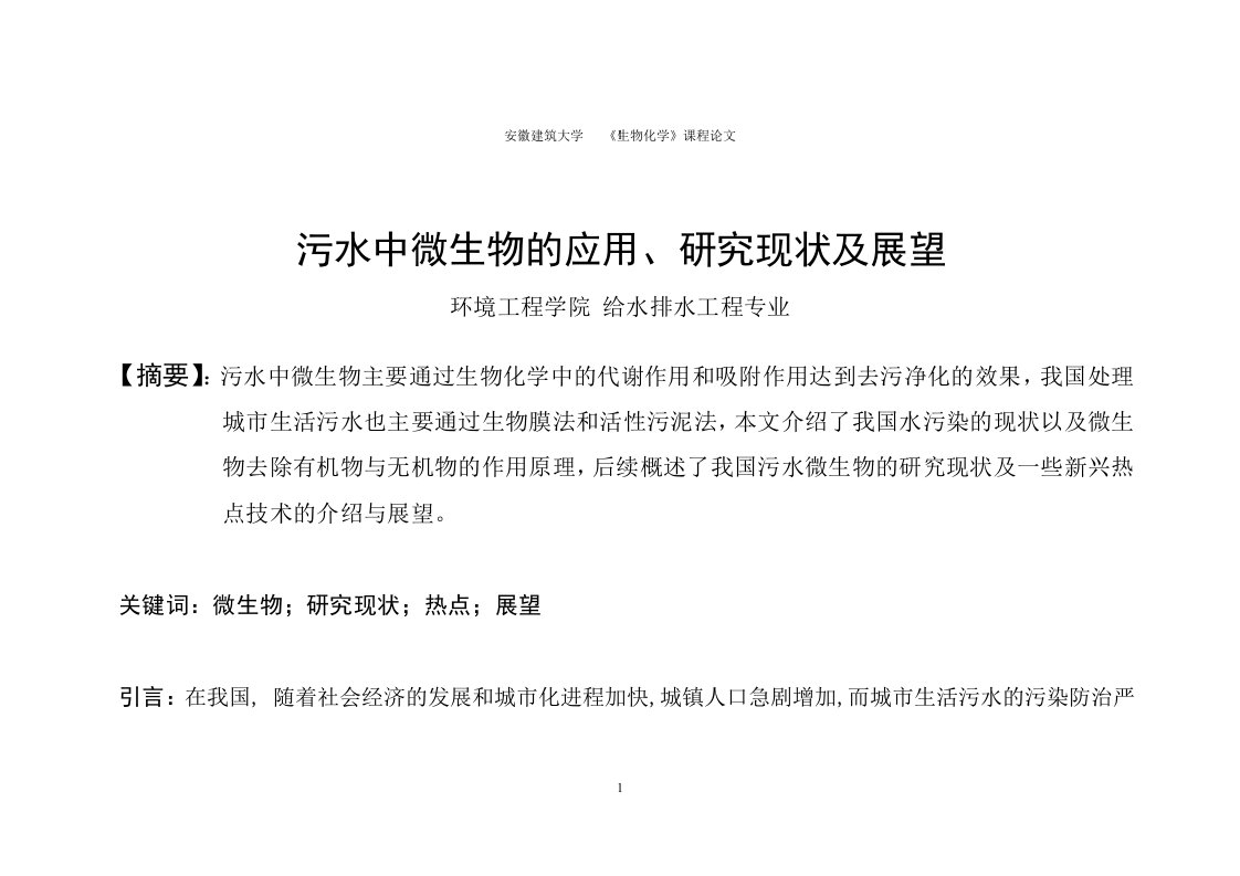 生物化学课程论文--污水中微生物的应用、研究现状及展望