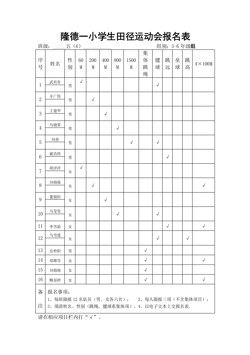 隆德一小学生田径运动会报名表