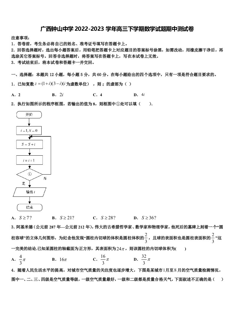 广西钟山中学2022-2023学年高三下学期数学试题期中测试卷