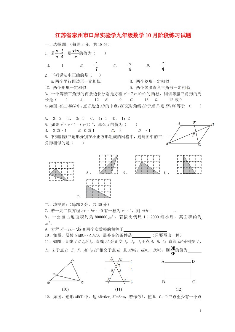 江苏省泰州市口岸实验学九级数学10月阶段练习试题