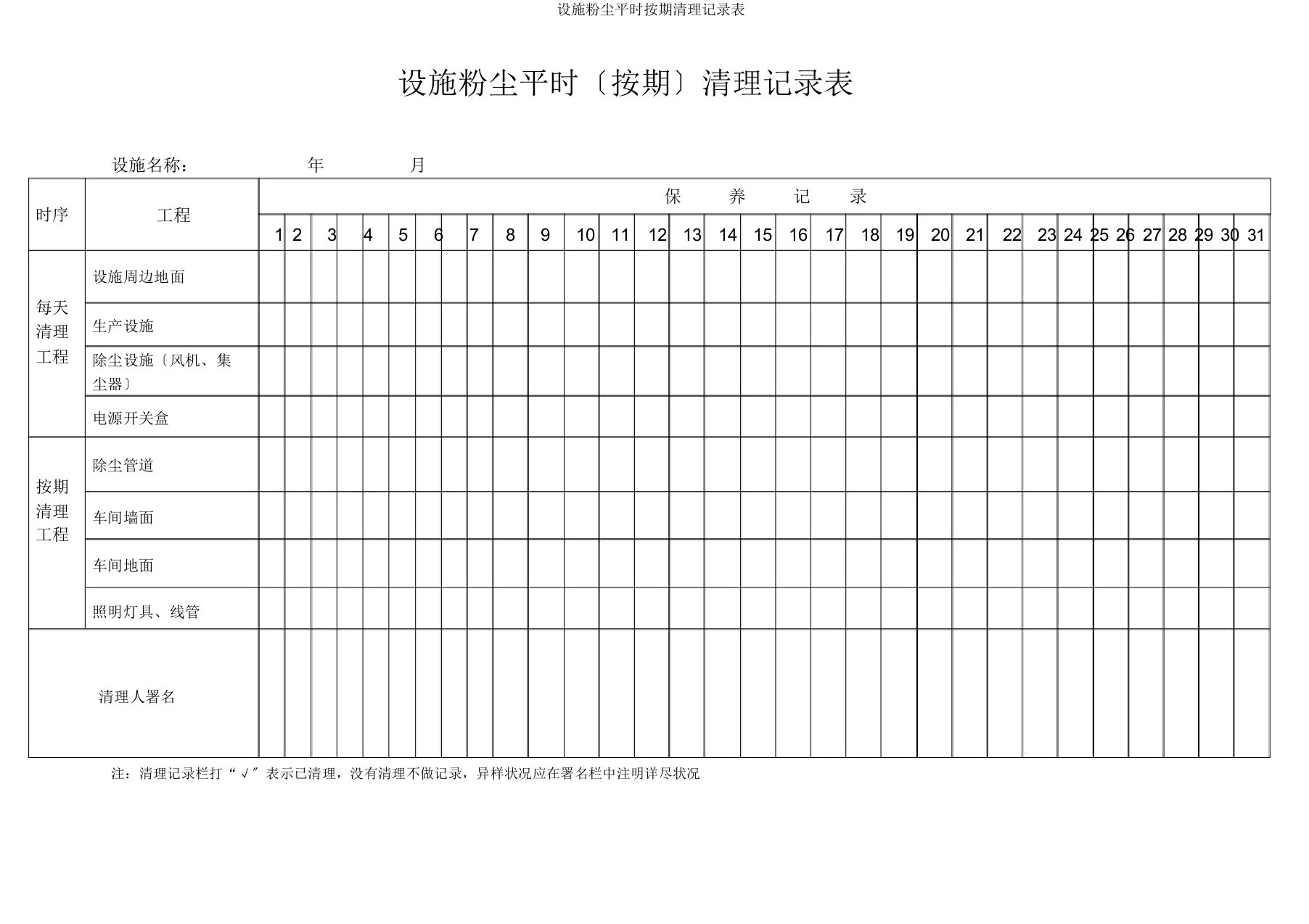 设备粉尘日常定期清理记录表