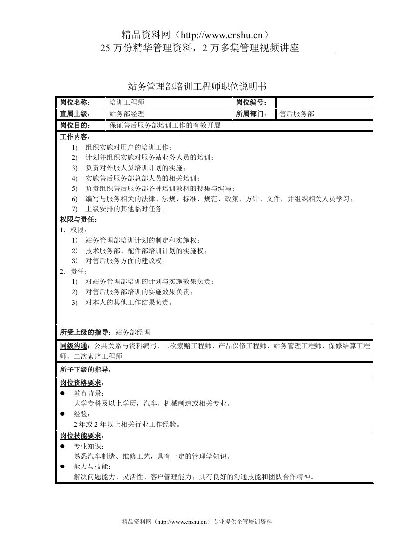 站务管理部培训工程师职位说明书