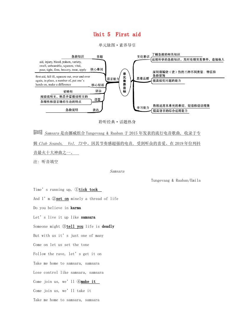 2021_2022版高中英语Unit5Firstaid学案新人教版必修5